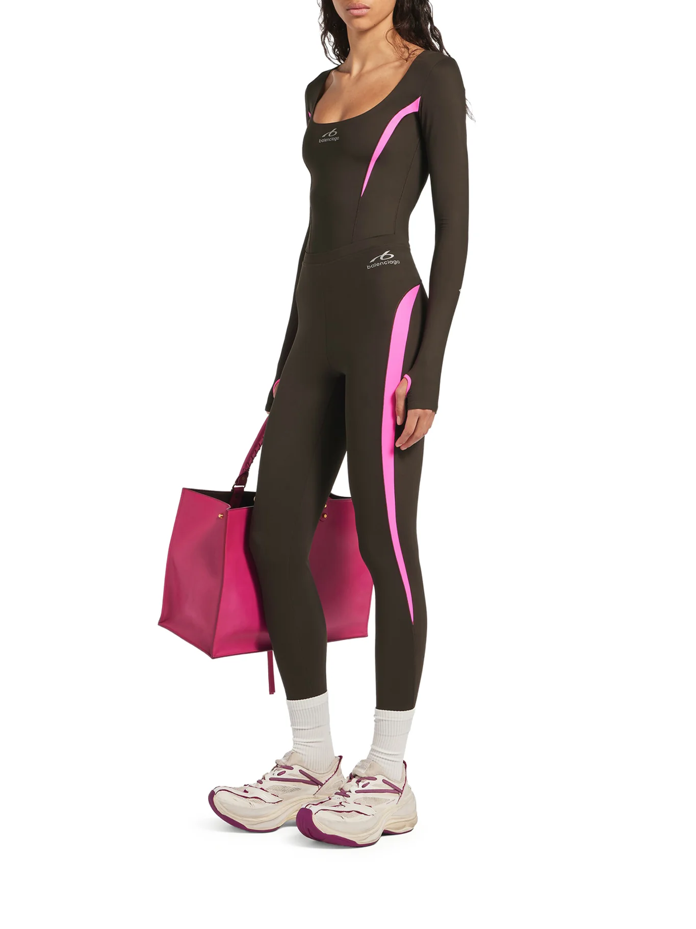 TECHWEAR LONG-SLEEVED TOP IN TECHNICAL FABRIC IN KHAKI BROWN AND FLUORESCENT PINK - Image 2