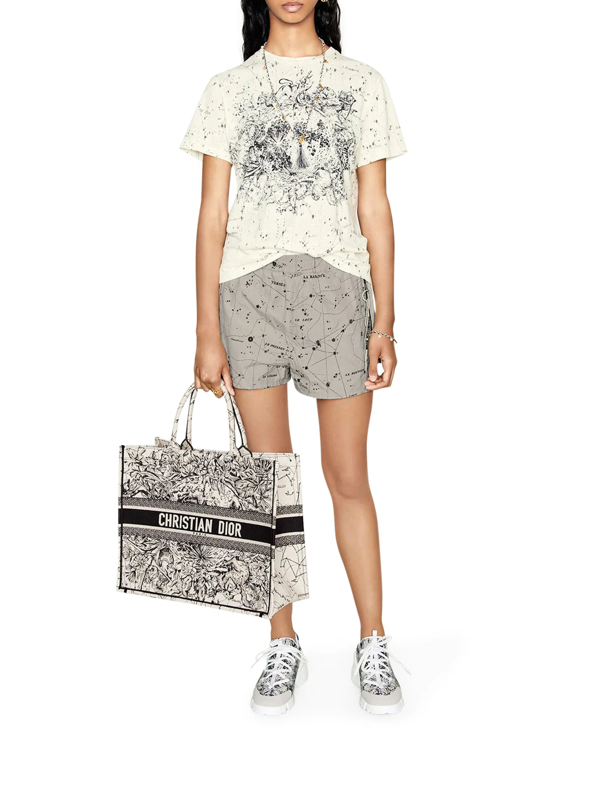 T-SHIRT Ecru Cotton Jersey and Linen with Black Dior Zodiac Motif