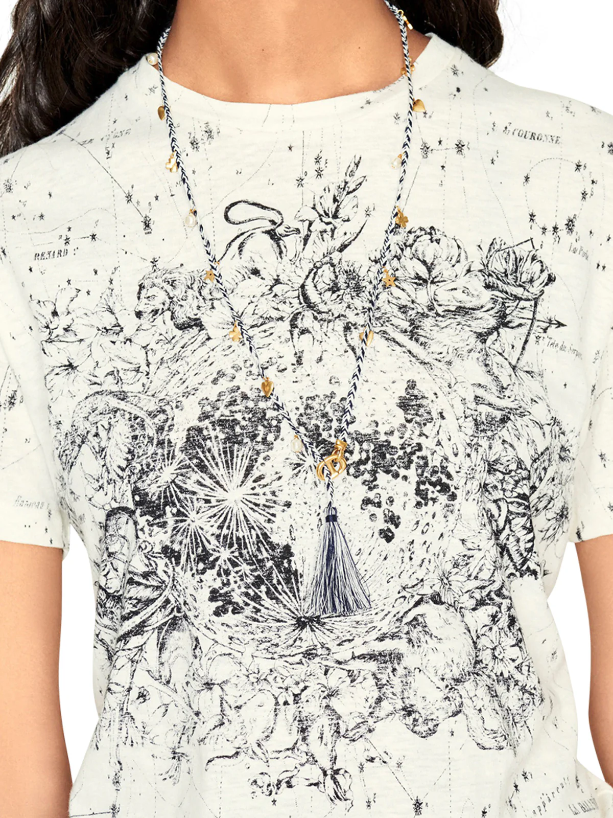 T-SHIRT Ecru Cotton Jersey and Linen with Black Dior Zodiac Motif - Image 4