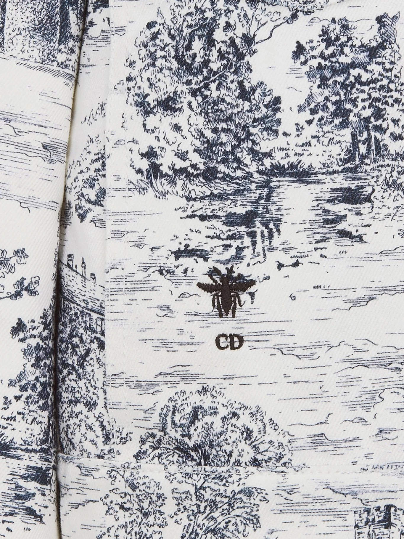 White Cotton Denim Jacket with Blue Toile de Jouy Scotland Pattern - Image 3