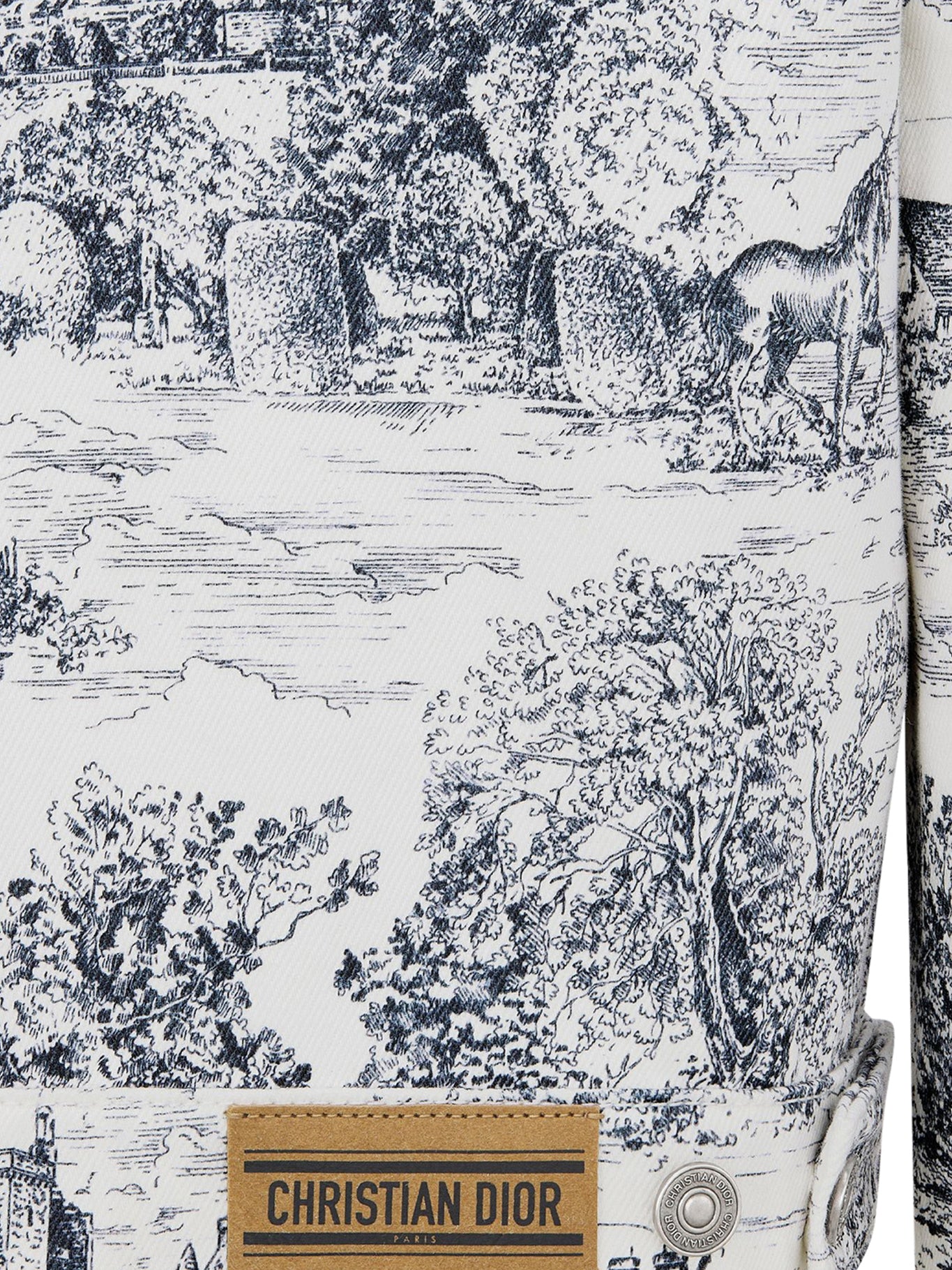 White Cotton Denim Jacket with Blue Toile de Jouy Scotland Pattern - Image 4