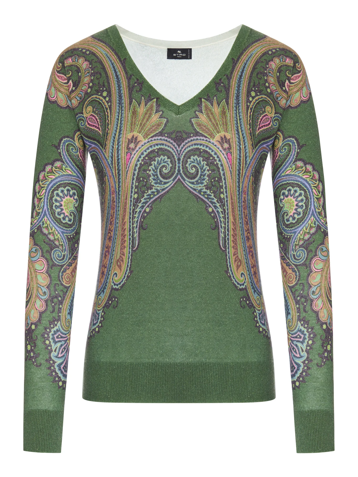 SILK AND CASHMERE V-NECK SWEATER WITH PLACED PAISLEY PRINT
