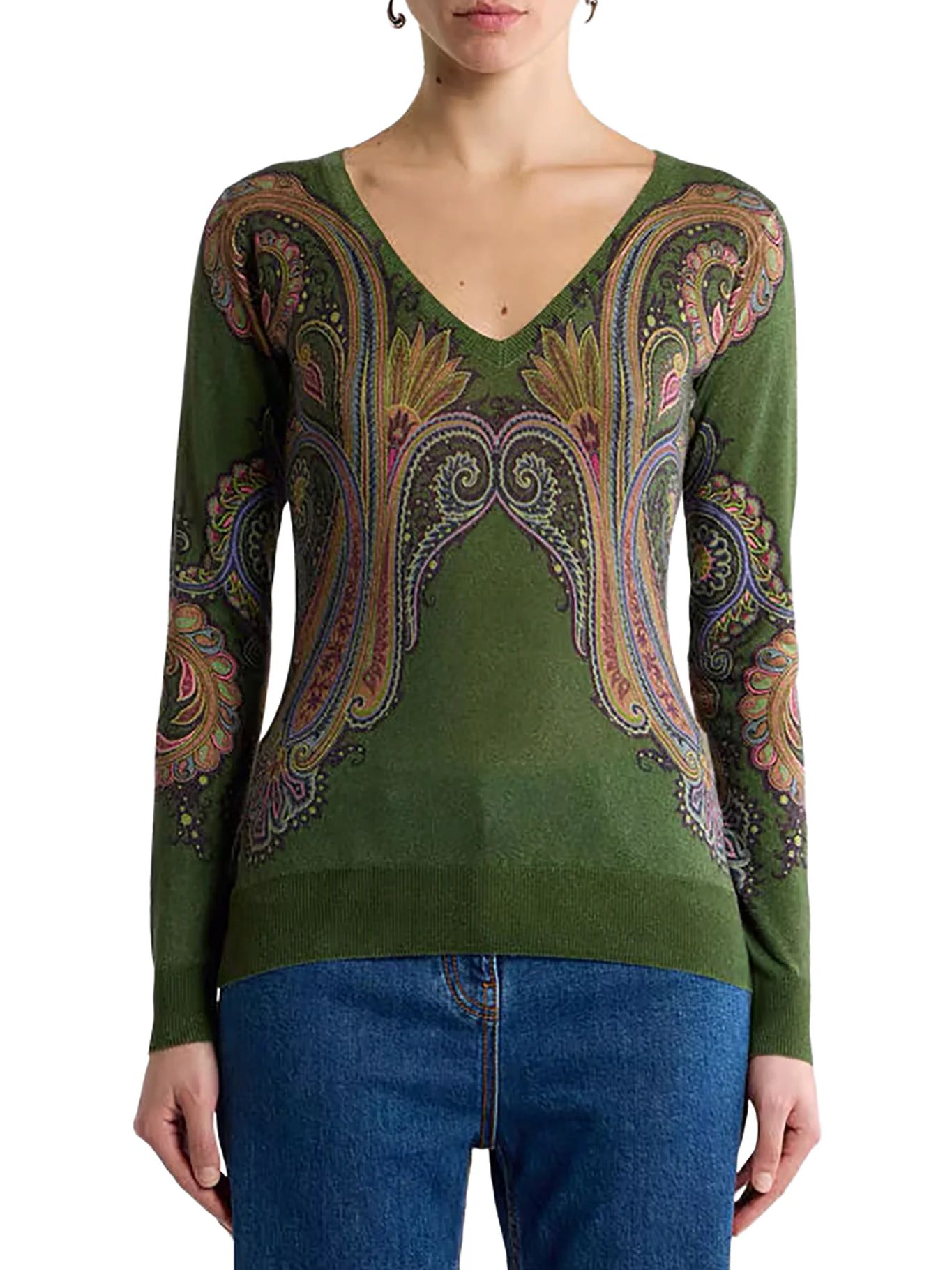 SILK AND CASHMERE V-NECK SWEATER WITH PLACED PAISLEY PRINT - Image 2