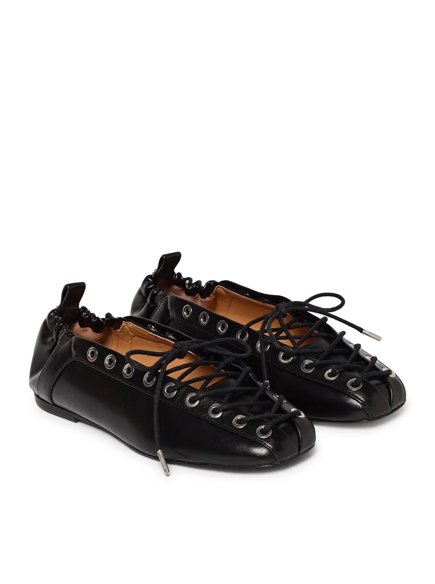 BLACK OLEATEX LACE-UP BALLET FLATS - Image 2