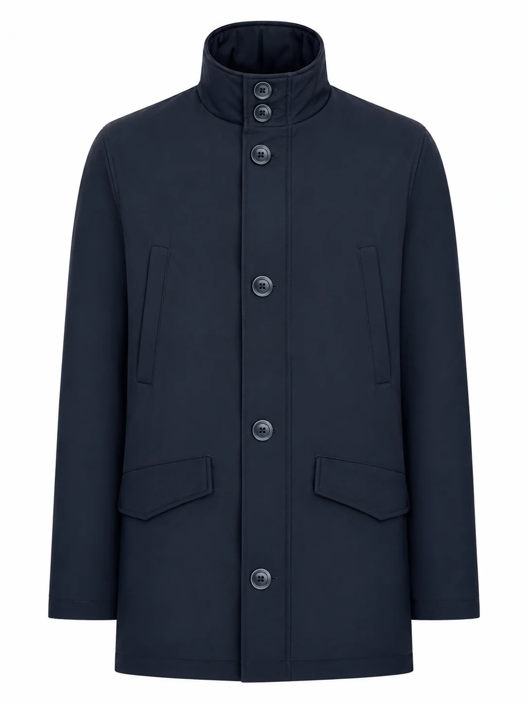 TECHNICAL FABRIC COAT WITH HIGH COLLAR AND BUTTONS