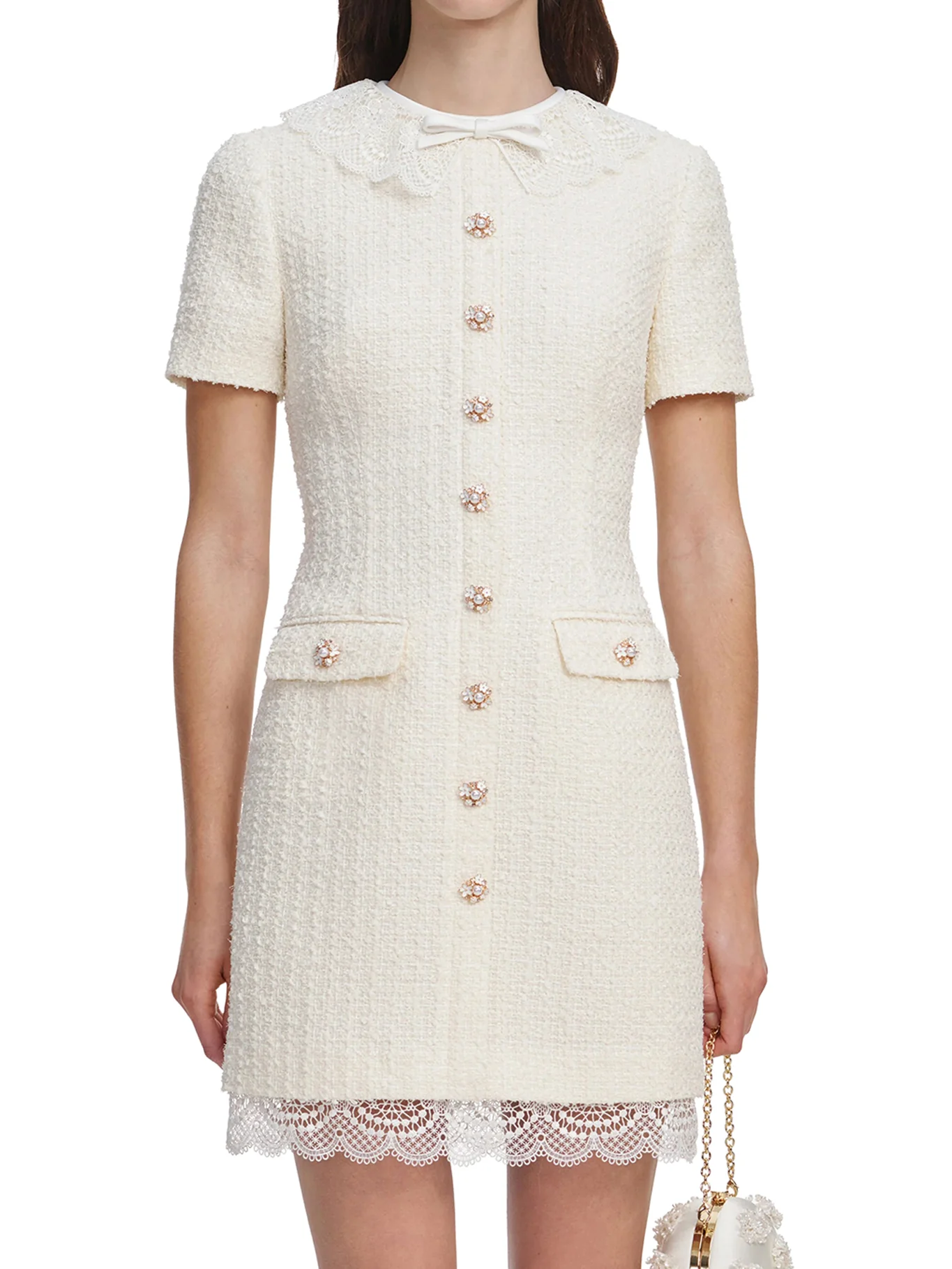 CREAM-COLOURED MINI DRESS WITH BOUCLE LACE COVERINGS - Image 3