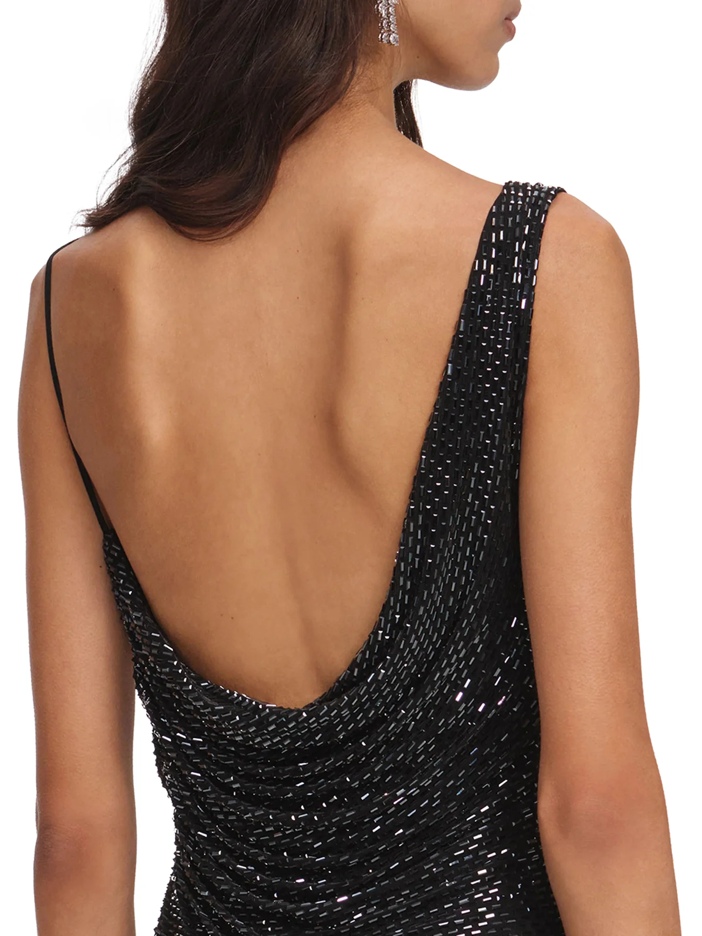 LONG BLACK DRAPED DRESS WITH RHINESTONE - Image 5