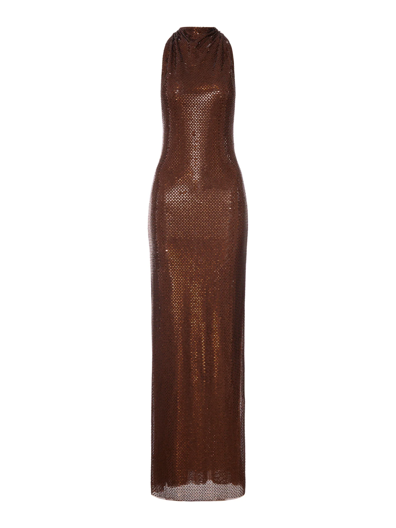LONG BROWN DRESS WITH RHINESTONE AND HALTER NECKLINE