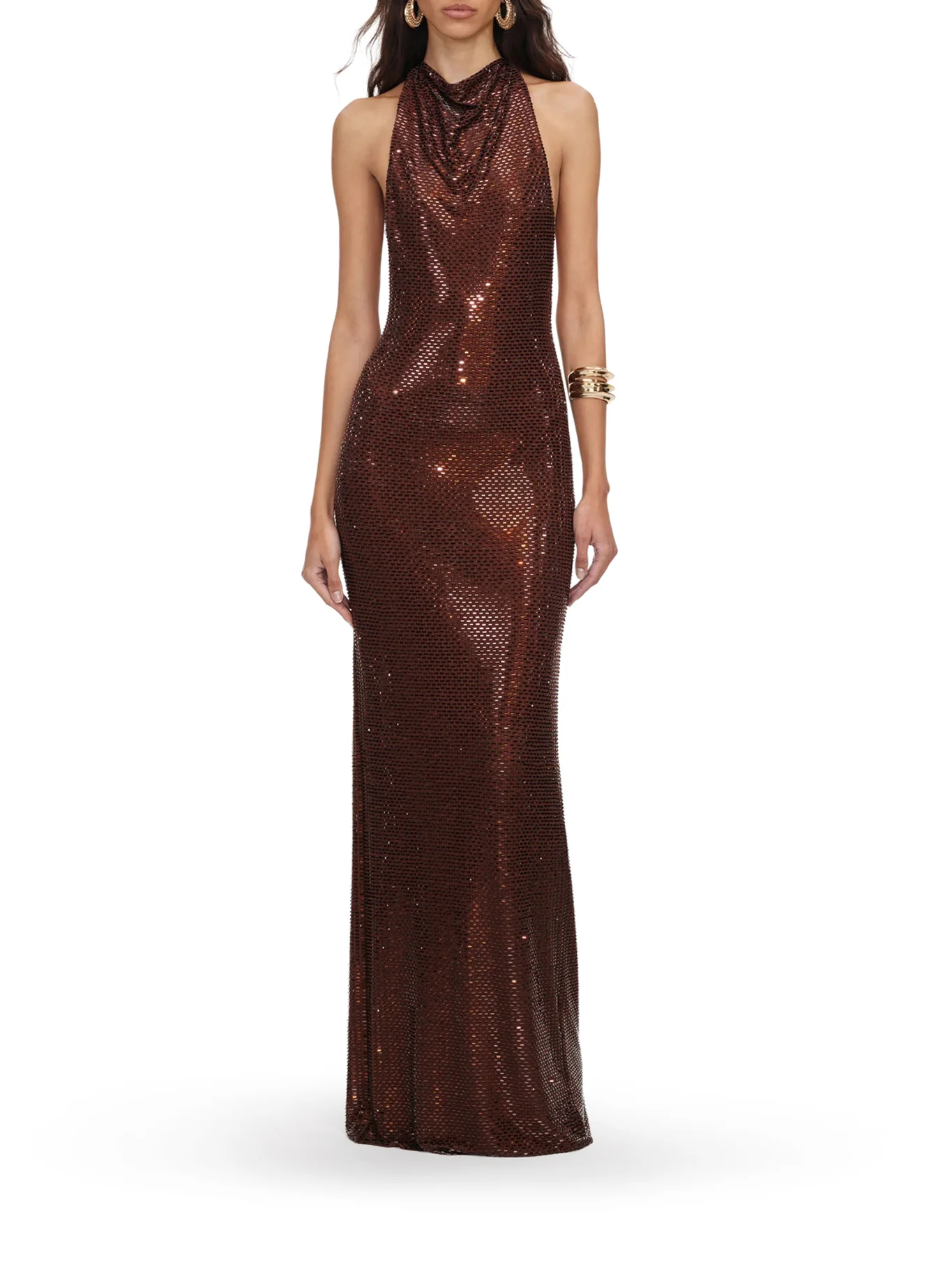 LONG BROWN DRESS WITH RHINESTONE AND HALTER NECKLINE - Image 2
