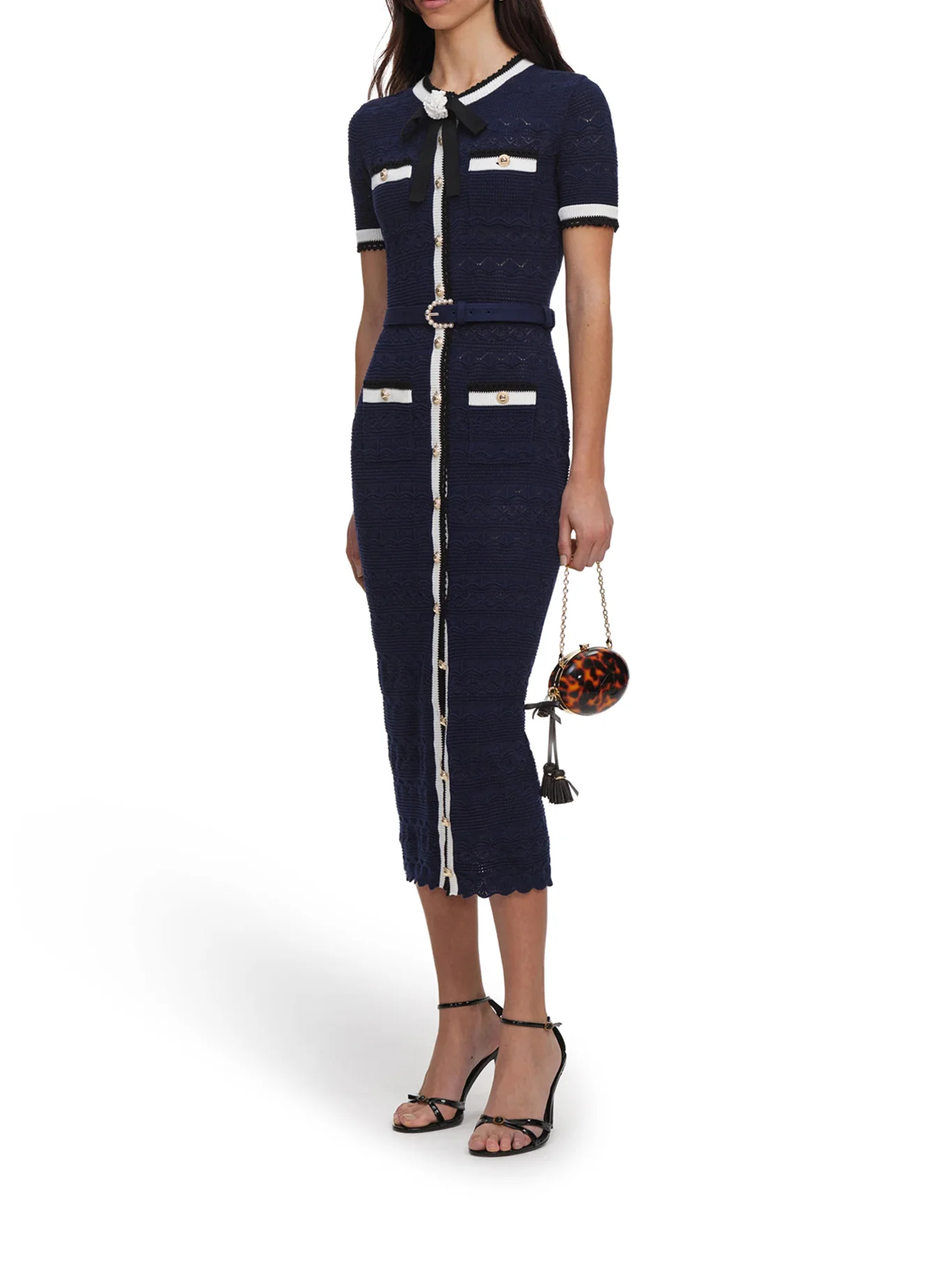 NAVY BLUE PERFORATED KNIT MIDI DRESS - Image 4