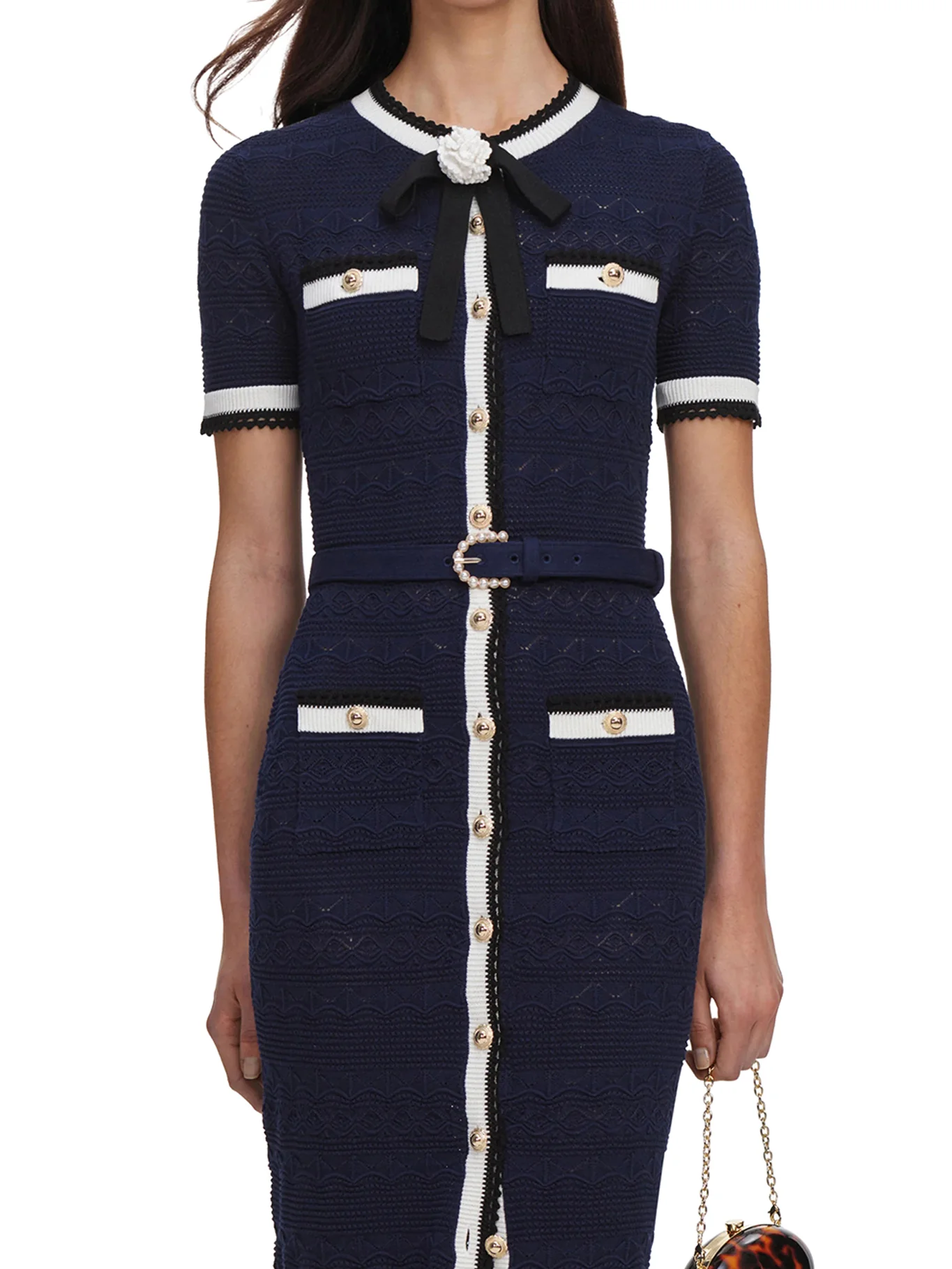 NAVY BLUE PERFORATED KNIT MIDI DRESS - Image 5