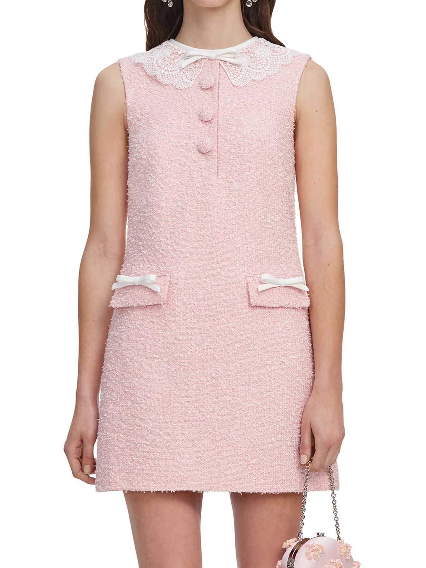 PINK MINI DRESS WITH BOUCLE LACE COLLAR - Image 3