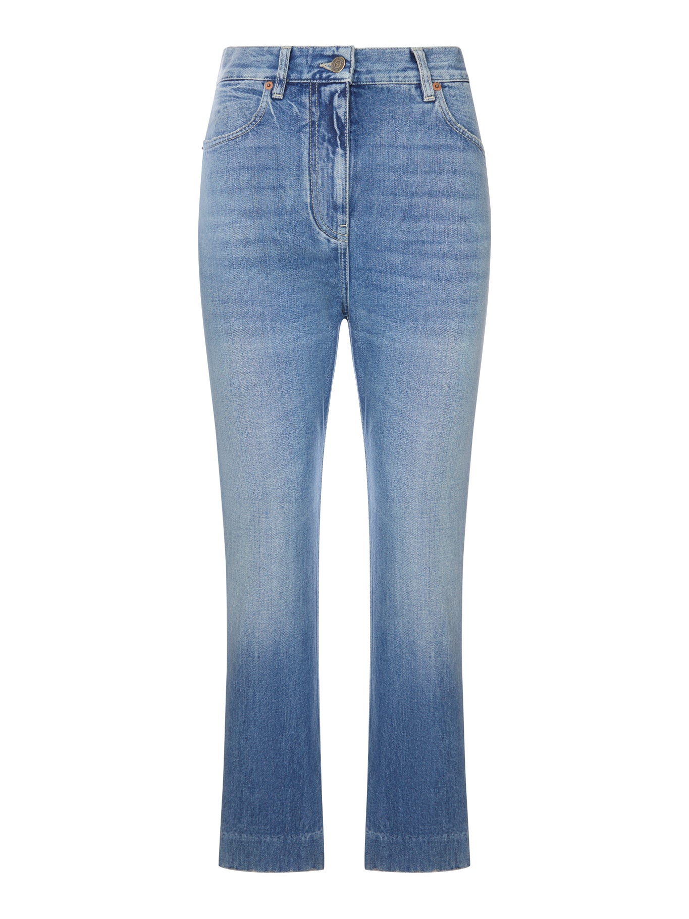 LIGHT WASH DENIM FLARED LEG CROPPED JEANS
