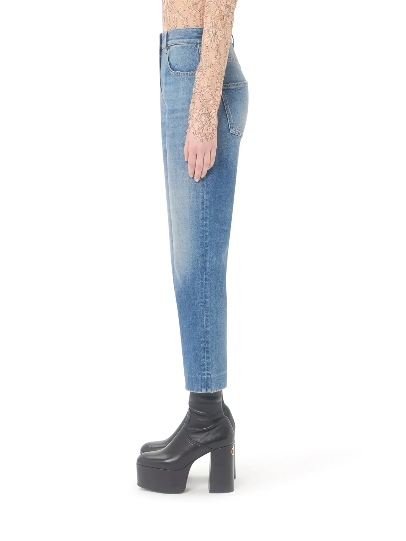LIGHT WASH DENIM FLARED LEG CROPPED JEANS - Image 4